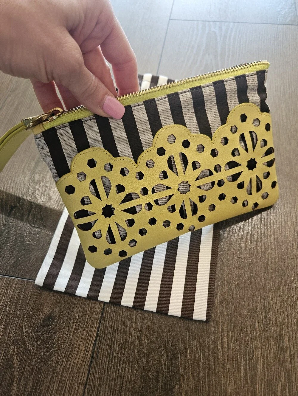 Henri Bendel Vibrant Yellow Laser Cut Floral Wristlet Clutch + Dust Bag